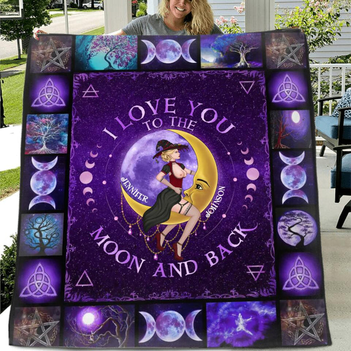 Personalized Witch Couple Fleece Throw Blanket/Quilt - Gift Idea For Couple/Witch Lovers - I Love You To The Moon And Back