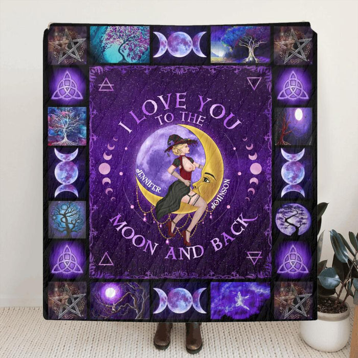 Personalized Witch Couple Fleece Throw Blanket/Quilt - Gift Idea For Couple/Witch Lovers - I Love You To The Moon And Back