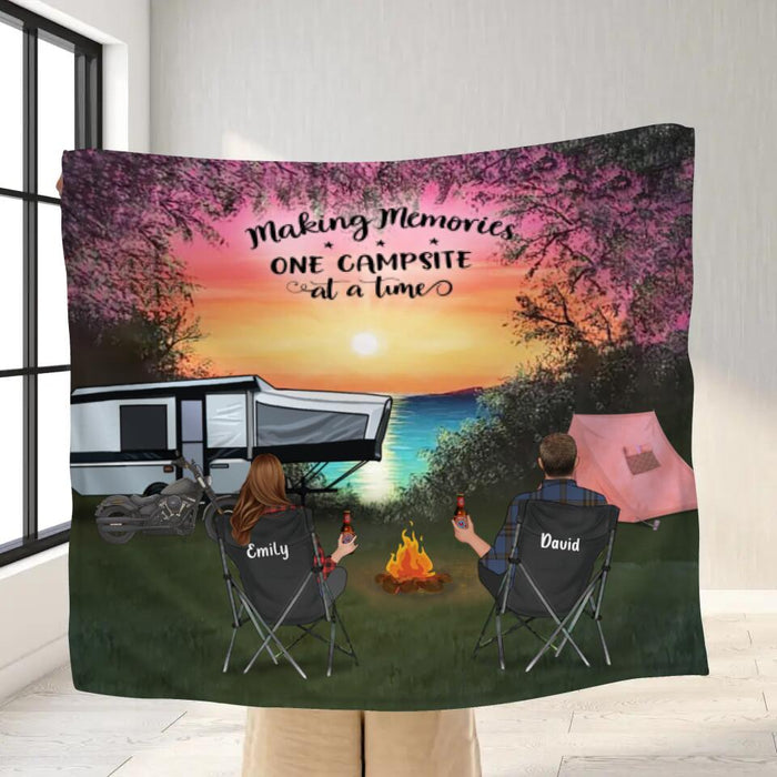 Personalized Night Camping Fleece Throw Blanket/Quilt - Gift for Camping Lovers - Camping Family with Kids and Pets