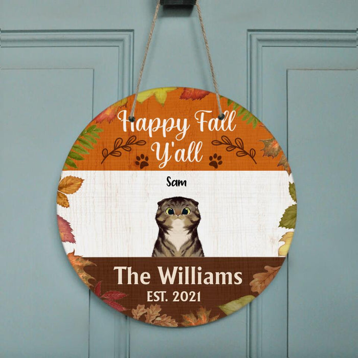 Personalized Cat Circle Door Sign - Gift for Cat Lovers with up to 3 cats - Happy Fall Y'all - SA170R