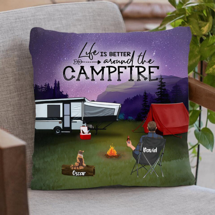 Personalized Night Camping Pillow Cover - Solo/Couple With Up to 2 Children And 4 Pets - Gift For Camping Lover - Life Is Better Around The Campfire