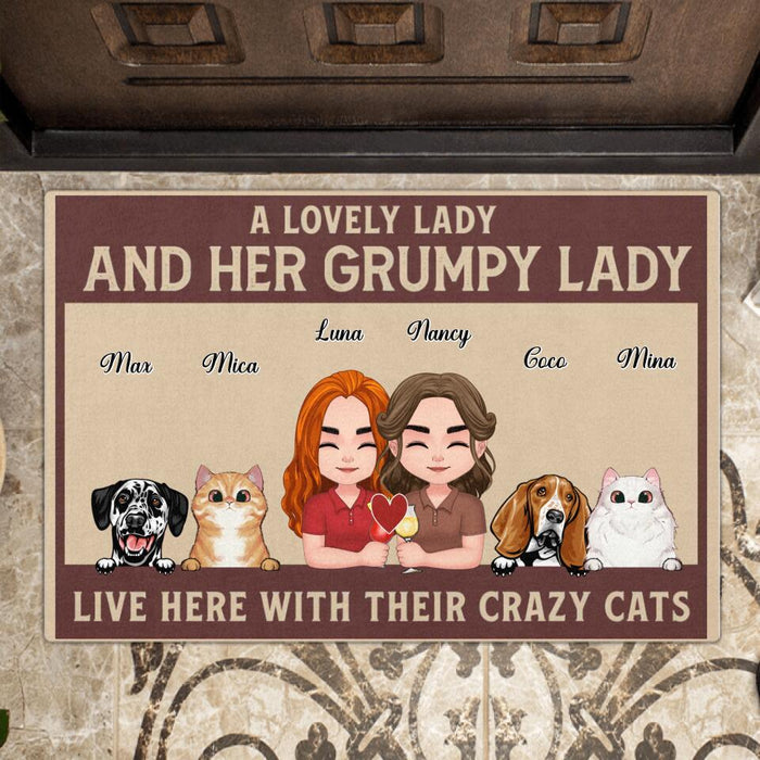 Personalized Couple With Pets Doormat - Gift Idea For LGBT Couple/Dog/Cat Lovers - Up to 4 Pets - A Lovely Lady And Her Grumpy Lady Live Here With Their Crazy Cats