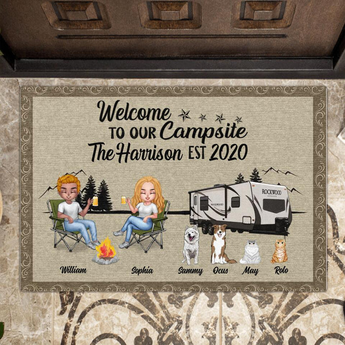 Personalized Camping Doormat - Gift for Camping Lovers - Camping Couple with Pets - Welcome to our campsite