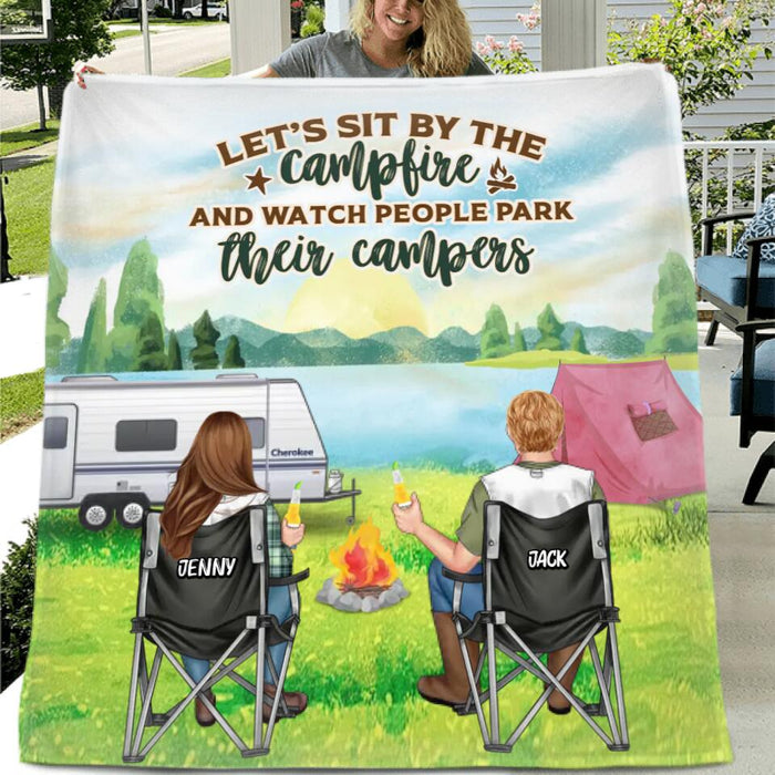 Personalized Camping Couple Fleece Throw Blanket/Quilt - Gift for Camping Lovers - Let's Sit By The Campfire And Watch People Park Their Campers