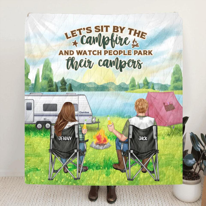 Personalized Camping Couple Fleece Throw Blanket/Quilt - Gift for Camping Lovers - Let's Sit By The Campfire And Watch People Park Their Campers