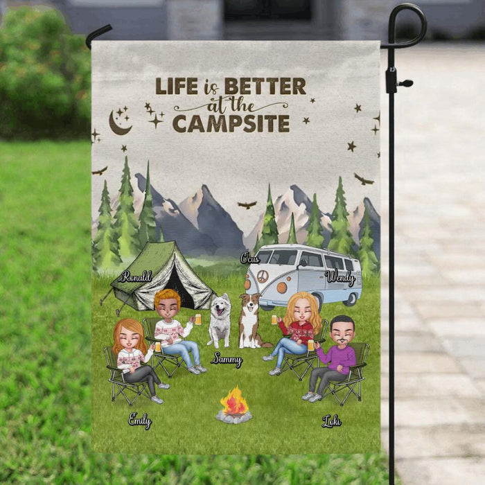 Personalized Camping Flag - Up to 4 People and 2 Pets - Gift Idea For Couple/Camping/Dog/Cat Lovers - Life Is Better At The Campsite