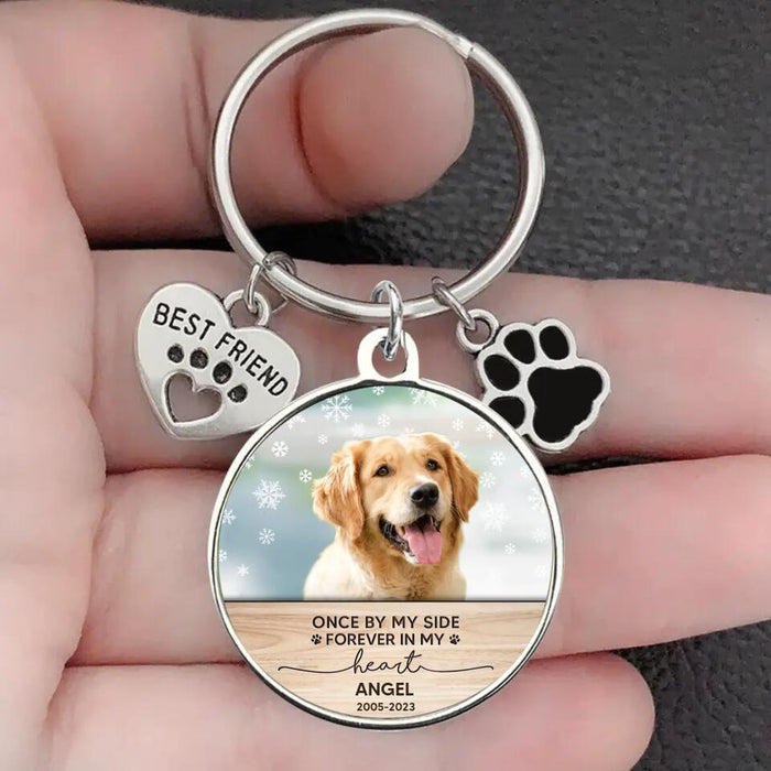 Personalized Photo Keychain Pet Charm Key Ornaments - Memorial Gift for Dog/Cat Lovers - Once By My Side Forever In My Heart