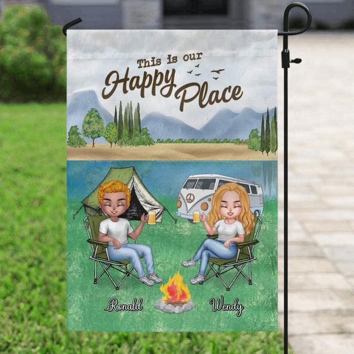 Personalized Camping Flag Sign - Up to 4 People and 2 Pets - Gift Idea For Couple/Camping/Dog/Cat Lovers - This Is Our Happy Place