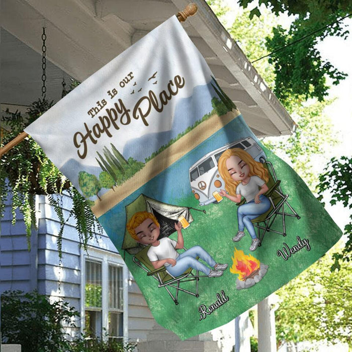 Personalized Camping Flag Sign - Up to 4 People and 2 Pets - Gift Idea For Couple/Camping/Dog/Cat Lovers - This Is Our Happy Place
