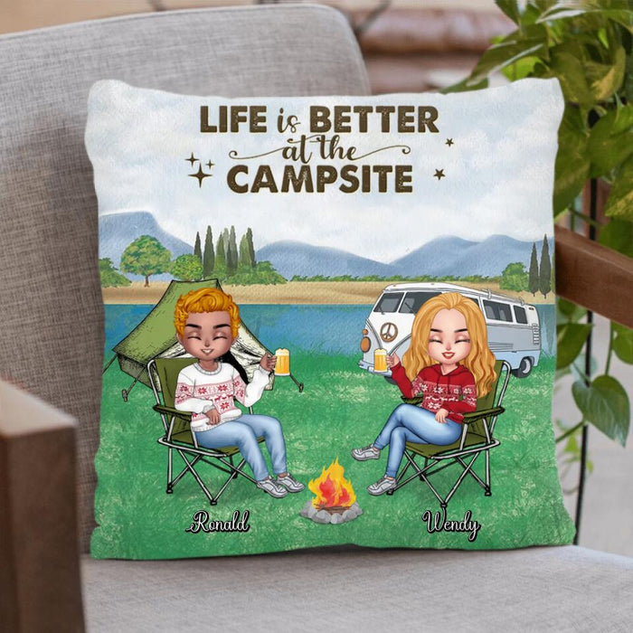 Personalized Camping Pillow Cover/Quilt/Fleece Blanket - Up to 4 People and 2 Pets - Gift Idea For Couple/Camping/Dog/Cat Lovers - Life Is Better At The Campsite