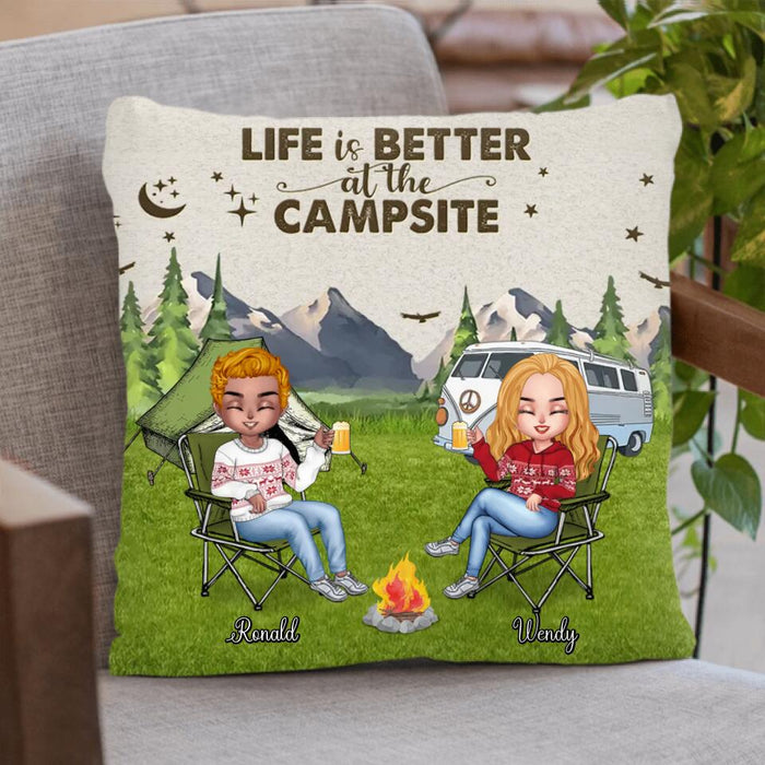 Personalized Camping Quilt/Fleece Blanket/Pillow Cover - Up to 4 People & 2 Pets - Gift Idea For Couple/Camping/Dog/Cat Lovers - Life Is Better At The Campsite