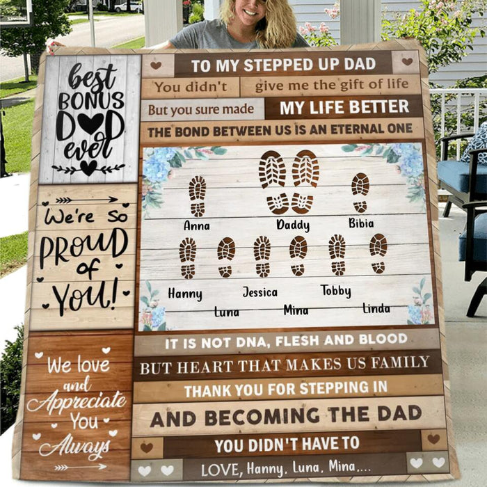 Personalized Stepped Up Dad Fleece Throw Blanket/Quilt - Father's Day Gift Idea For Bonus Dad - Thank You For Stepping In And Becoming The Dad