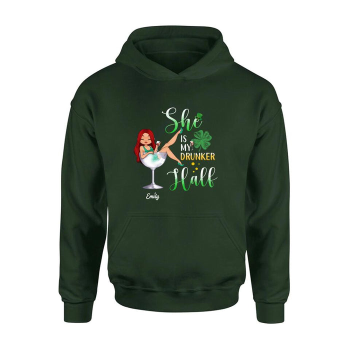 Personalized Drunker Half T-Shirt/Long Sleeve/Sweatshirt/Hoodie - Gift Idea For St. Patrick's Day - She Is My Drunker Half