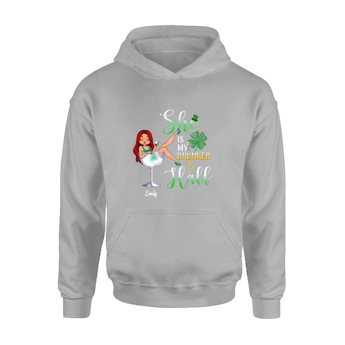 Personalized Drunker Half T-Shirt/Long Sleeve/Sweatshirt/Hoodie - Gift Idea For St. Patrick's Day - She Is My Drunker Half