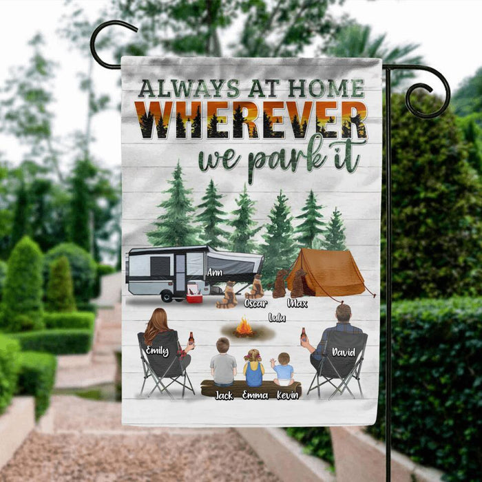 Personalized Camping Flag - Couple/Parents with Up to 3 Children and 4 Pets - Gift Idea From Camping Lovers/Family - Always At Home Wherever We Park It