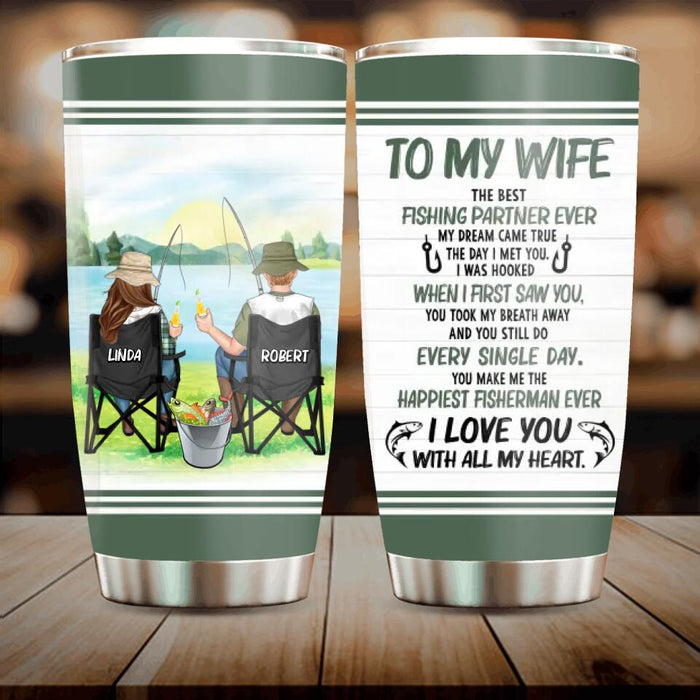 Personalized Fishing Couple Tumbler - Gift for Fishing Lovers/Couple/Husband and Wife - I love you with all my heart