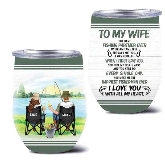 Personalized Fishing Couple Wine Tumbler 12oz - Gift for Fishing Lovers/Couple/Husband and Wife - I love you with all my heart