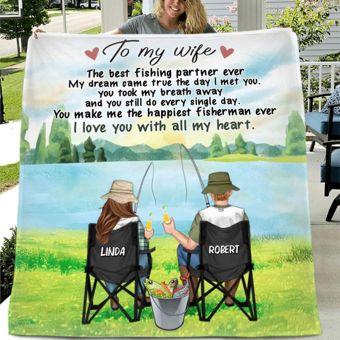 Personalized Fishing Couple Fleece Blanket/Quilt - Gift for Fishing Lovers/Couple/Husband and Wife - I love you with all my heart