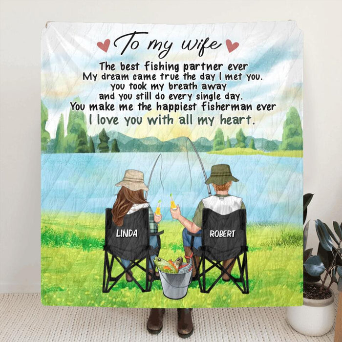Personalized Fishing Couple Fleece Blanket/Quilt - Gift for Fishing Lovers/Couple/Husband and Wife - I love you with all my heart