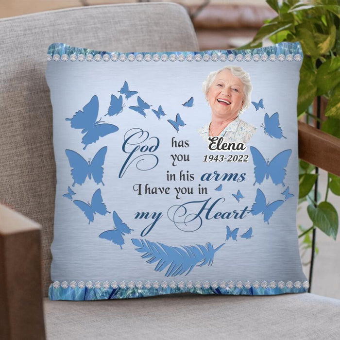 Personalized Memorial Photo Pillow Cover/Fleece Throw Blanket/Quilt - Memorial Gift Idea - God Has You In His Arms I Have You In My Heart