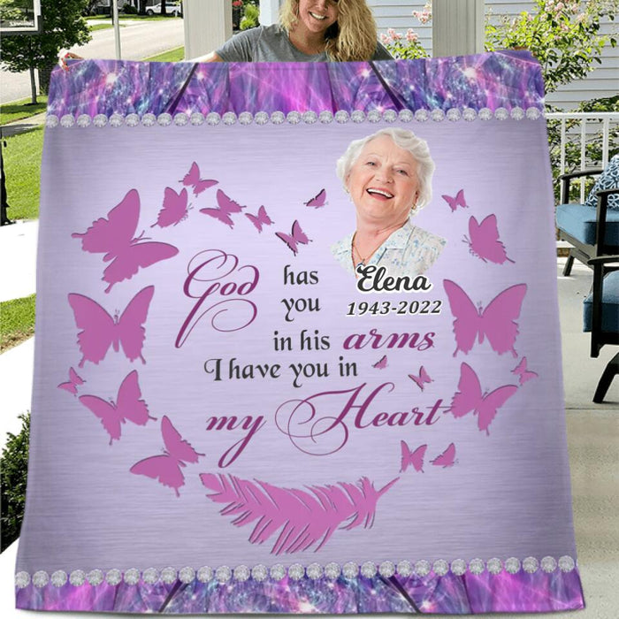 Personalized Memorial Photo Pillow Cover/Fleece Throw Blanket/Quilt - Memorial Gift Idea - God Has You In His Arms I Have You In My Heart