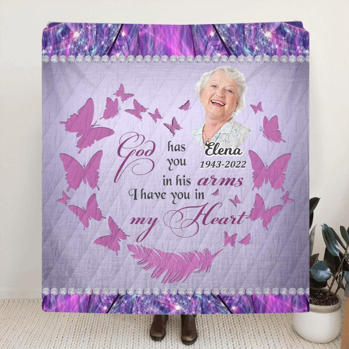 Personalized Memorial Photo Pillow Cover/Fleece Throw Blanket/Quilt - Memorial Gift Idea - God Has You In His Arms I Have You In My Heart