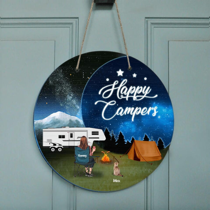 Personalized Camping Moon Circle Wall Art - Solo/Couple With Up to 4 Pets - Best Gift For Camping Lover - Happy Campers