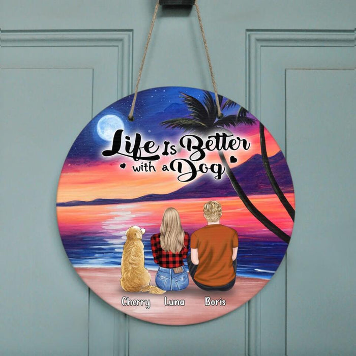 Personalized Couple and Dog Beach Dawn Door Sign - Gift For Camping Lovers with up to 4 Dogs - This Is Our Happy Place