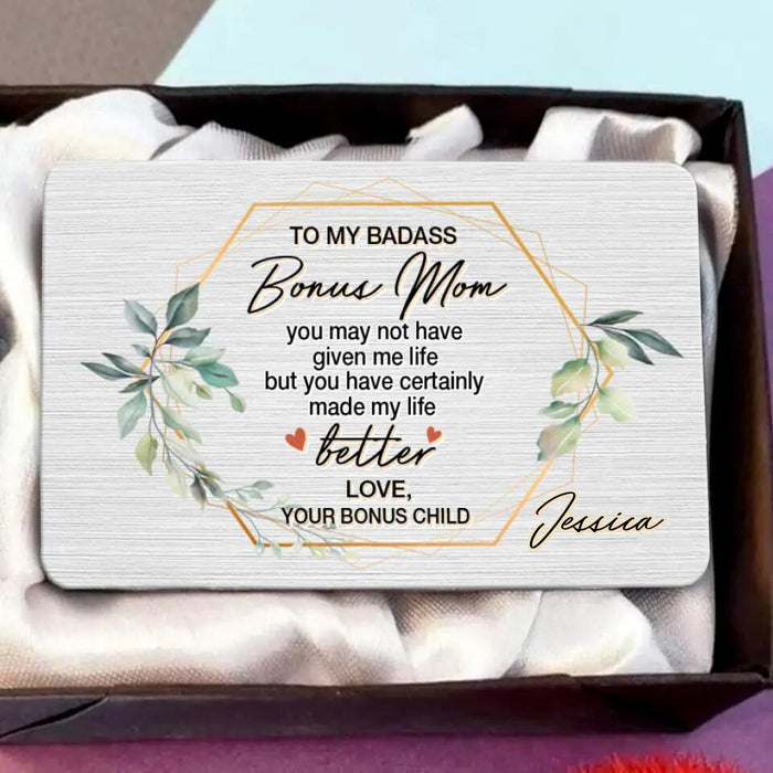 Personalized Bonus Mom Aluminum Wallet Card - Gift Idea For Mother's Day From Child - To My Badass Bonus Mom