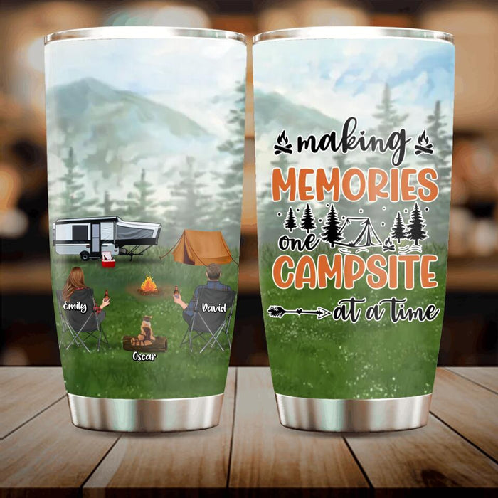 Personalized Family Camping Tumbler - Couple  with Up to 3 Kids & 4 Pets - Gift Idea For Camping Family - Making Memories One Campsite At A Time
