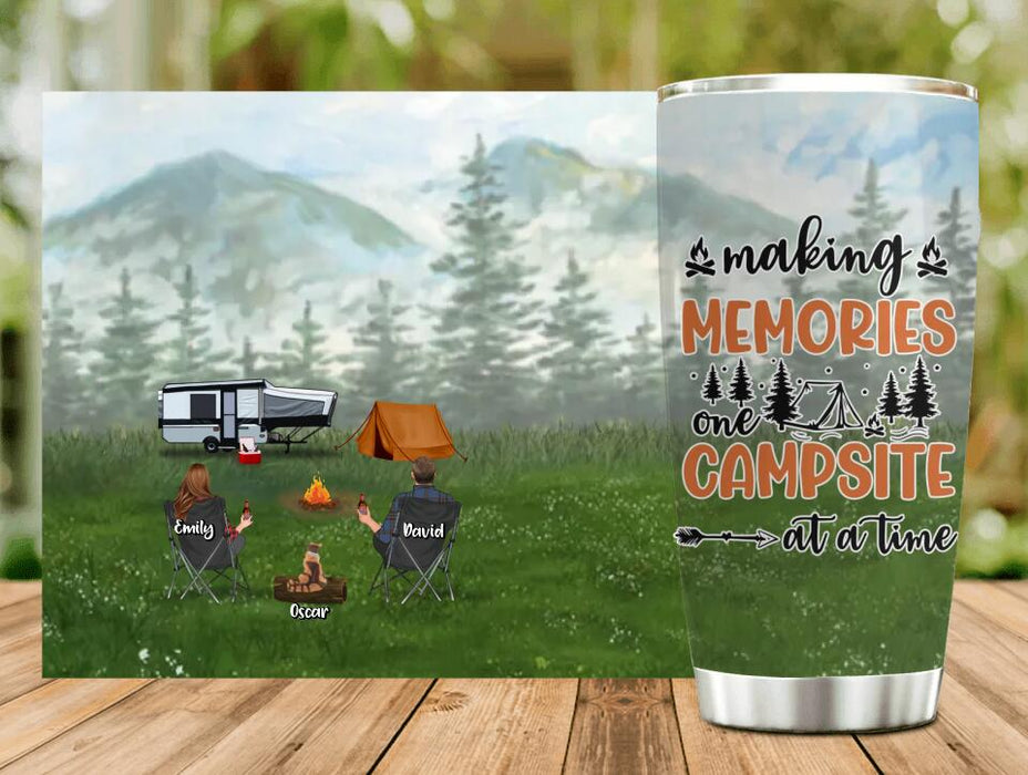 Personalized Family Camping Tumbler - Couple  with Up to 3 Kids & 4 Pets - Gift Idea For Camping Family - Making Memories One Campsite At A Time