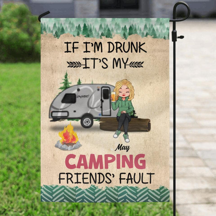 Personalized Camping Friends Flag Sign - Gift Idea For Camping Lovers/Friends - Up to 3 People - If I'm Drunk It's My Camping Friends' Fault
