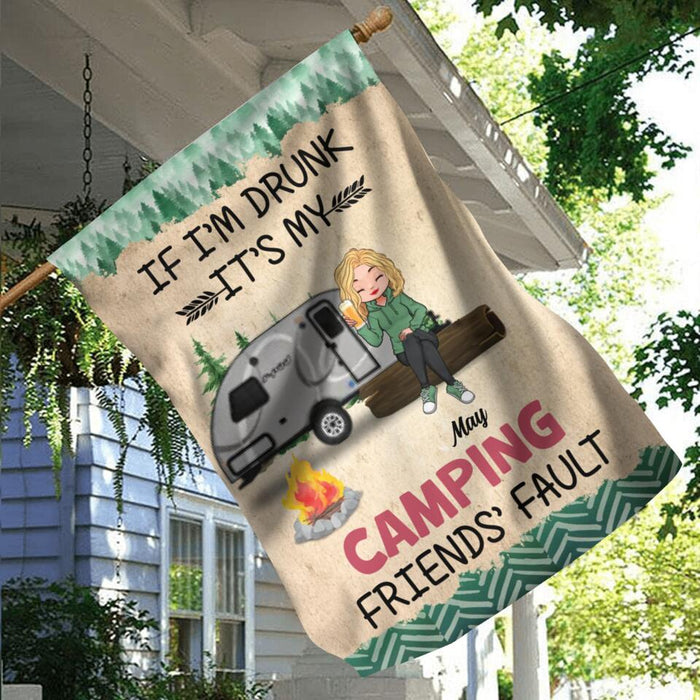 Personalized Camping Friends Flag Sign - Gift Idea For Camping Lovers/Friends - Up to 3 People - If I'm Drunk It's My Camping Friends' Fault