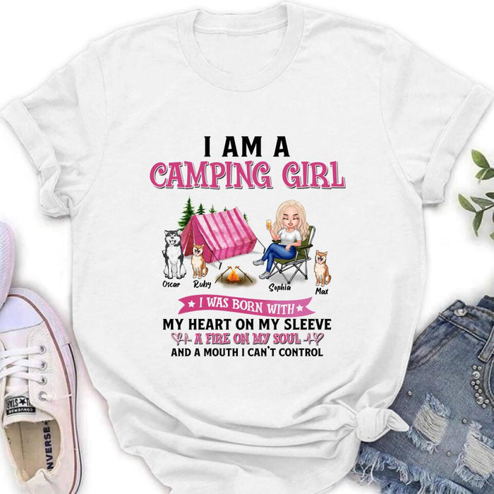 Personalized Camping T-shirt/Hoodie/Sleeve/Sweater - Gift for Camping Lovers, Dog Lovers - Camping Queen Dog Mom - Up to 3 Dogs - I am a camping girl