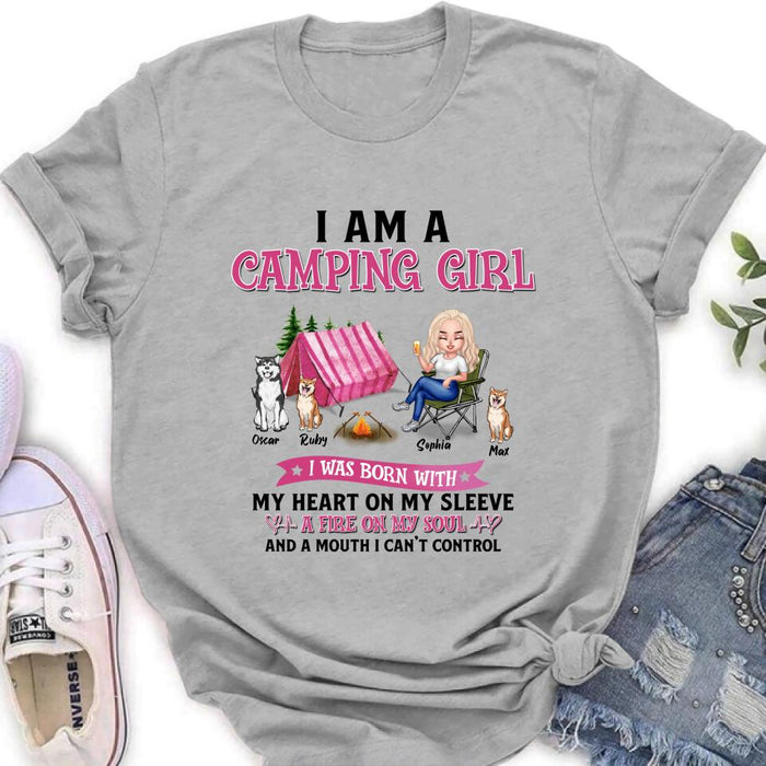 Personalized Camping T-shirt/Hoodie/Sleeve/Sweater - Gift for Camping Lovers, Dog Lovers - Camping Queen Dog Mom - Up to 3 Dogs - I am a camping girl