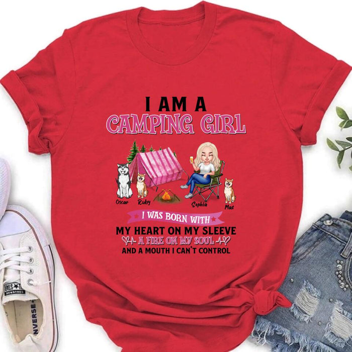 Personalized Camping T-shirt/Hoodie/Sleeve/Sweater - Gift for Camping Lovers, Dog Lovers - Camping Queen Dog Mom - Up to 3 Dogs - I am a camping girl