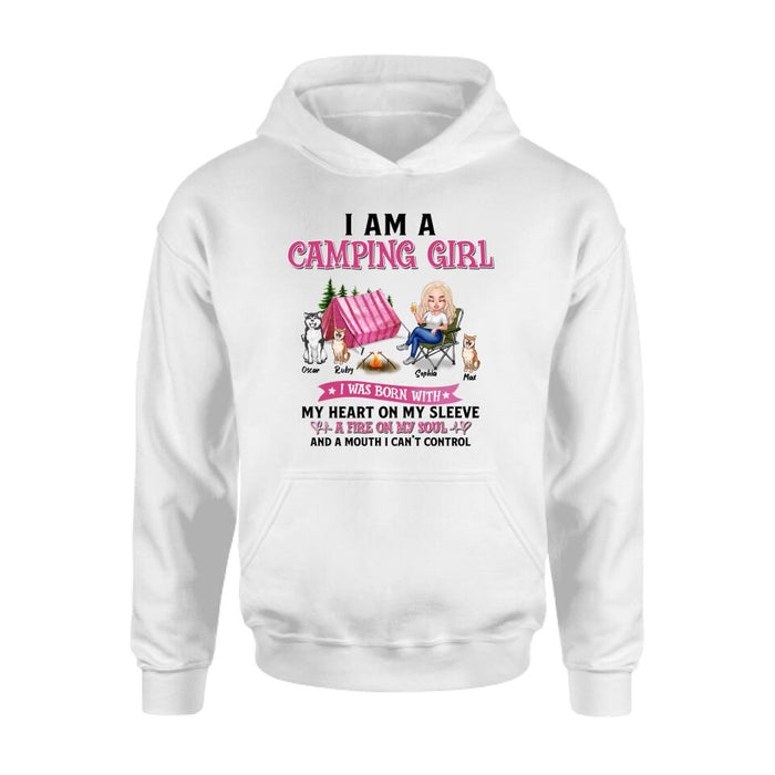 Personalized Camping T-shirt/Hoodie/Sleeve/Sweater - Gift for Camping Lovers, Dog Lovers - Camping Queen Dog Mom - Up to 3 Dogs - I am a camping girl