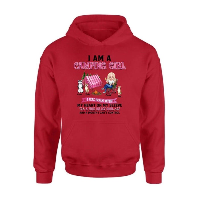 Personalized Camping T-shirt/Hoodie/Sleeve/Sweater - Gift for Camping Lovers, Dog Lovers - Camping Queen Dog Mom - Up to 3 Dogs - I am a camping girl