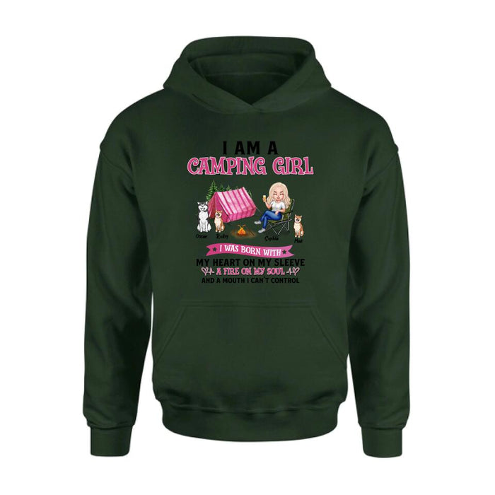Personalized Camping T-shirt/Hoodie/Sleeve/Sweater - Gift for Camping Lovers, Dog Lovers - Camping Queen Dog Mom - Up to 3 Dogs - I am a camping girl