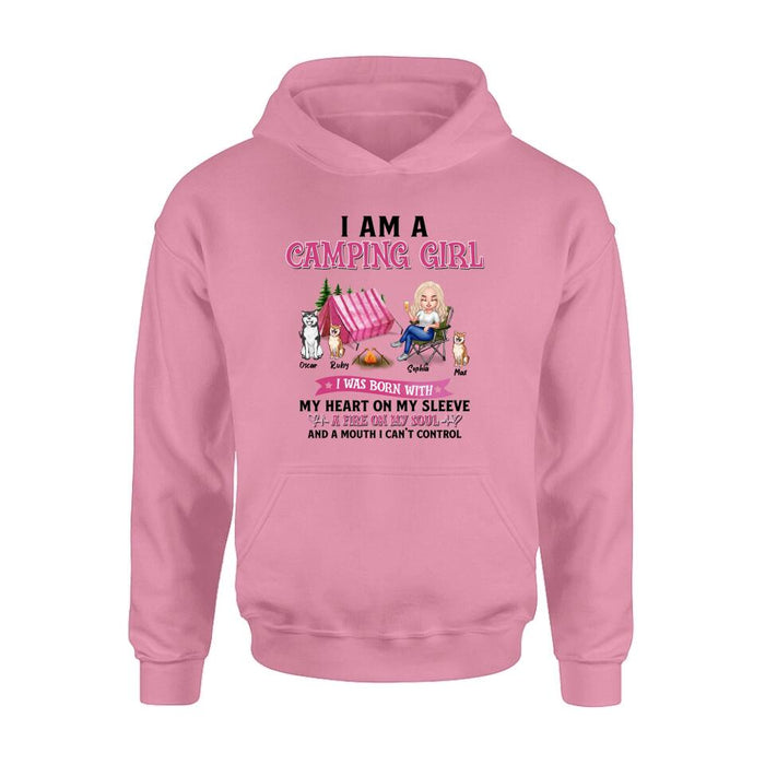 Personalized Camping T-shirt/Hoodie/Sleeve/Sweater - Gift for Camping Lovers, Dog Lovers - Camping Queen Dog Mom - Up to 3 Dogs - I am a camping girl