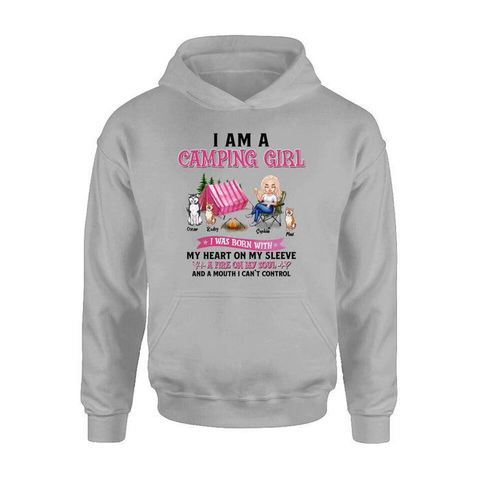 Personalized Camping T-shirt/Hoodie/Sleeve/Sweater - Gift for Camping Lovers, Dog Lovers - Camping Queen Dog Mom - Up to 3 Dogs - I am a camping girl