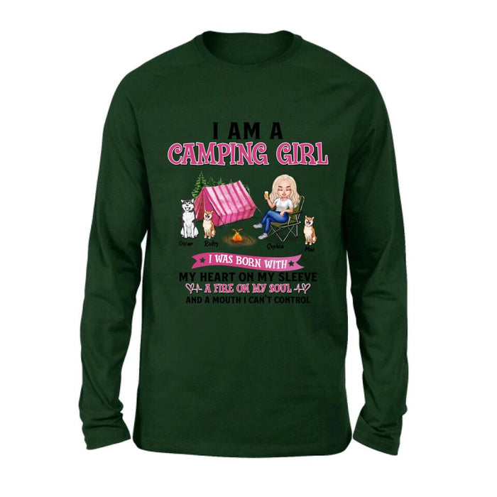 Personalized Camping T-shirt/Hoodie/Sleeve/Sweater - Gift for Camping Lovers, Dog Lovers - Camping Queen Dog Mom - Up to 3 Dogs - I am a camping girl