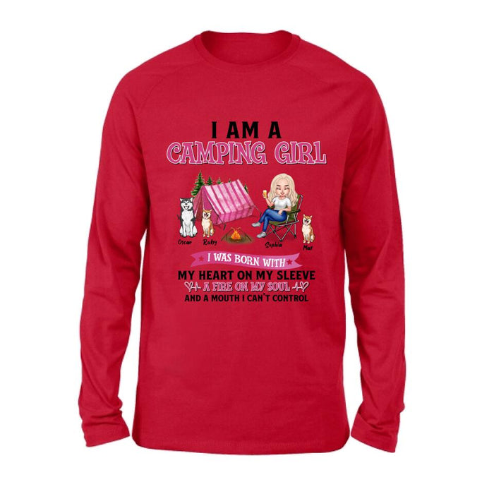 Personalized Camping T-shirt/Hoodie/Sleeve/Sweater - Gift for Camping Lovers, Dog Lovers - Camping Queen Dog Mom - Up to 3 Dogs - I am a camping girl