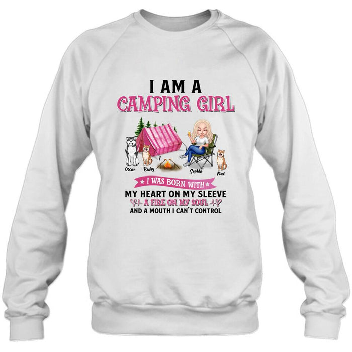 Personalized Camping T-shirt/Hoodie/Sleeve/Sweater - Gift for Camping Lovers, Dog Lovers - Camping Queen Dog Mom - Up to 3 Dogs - I am a camping girl