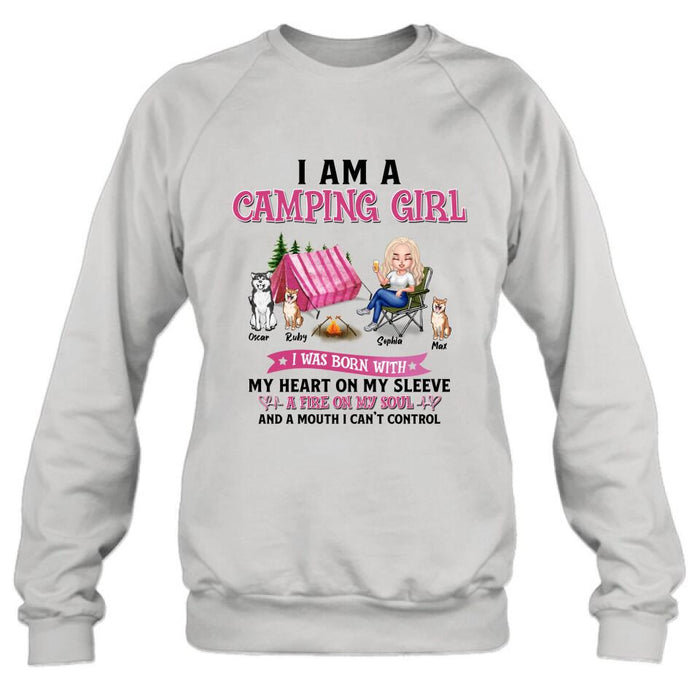 Personalized Camping T-shirt/Hoodie/Sleeve/Sweater - Gift for Camping Lovers, Dog Lovers - Camping Queen Dog Mom - Up to 3 Dogs - I am a camping girl
