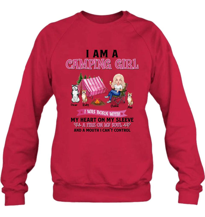Personalized Camping T-shirt/Hoodie/Sleeve/Sweater - Gift for Camping Lovers, Dog Lovers - Camping Queen Dog Mom - Up to 3 Dogs - I am a camping girl