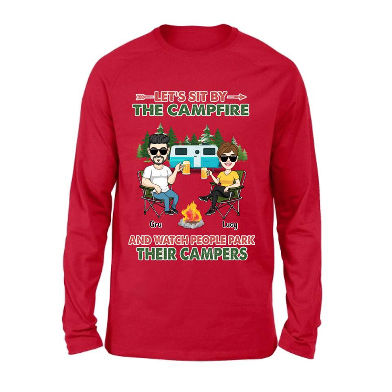 Personalized Couple With Dogs Camping Shirt/Hoodie - Couple With Up to 4 Dogs - Gift For Couple/Camping/Dog Lover - Let's Sit By The Campfire
