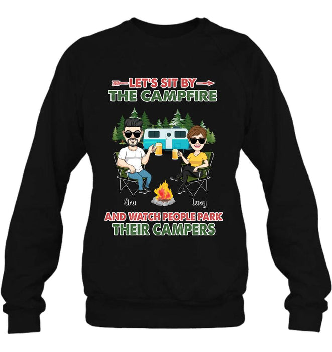 Personalized Couple With Dogs Camping Shirt/Hoodie - Couple With Up to 4 Dogs - Gift For Couple/Camping/Dog Lover - Let's Sit By The Campfire