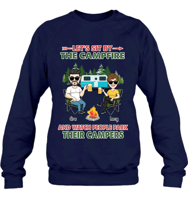 Personalized Couple With Dogs Camping Shirt/Hoodie - Couple With Up to 4 Dogs - Gift For Couple/Camping/Dog Lover - Let's Sit By The Campfire