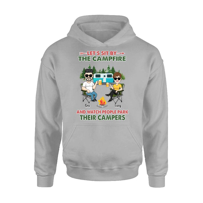 Personalized Couple With Dogs Camping Shirt/Hoodie - Couple With Up to 4 Dogs - Gift For Couple/Camping/Dog Lover - Let's Sit By The Campfire